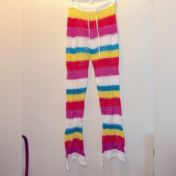 NWOT Women’s multicolor striped crochet drawstrings coverup pants L boho beach - Picture 1 of 10